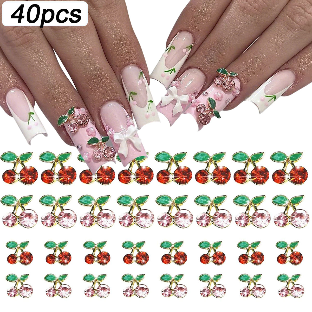 Nail Art Red Cherry - 40pcs 3D Shiny Pink & Red