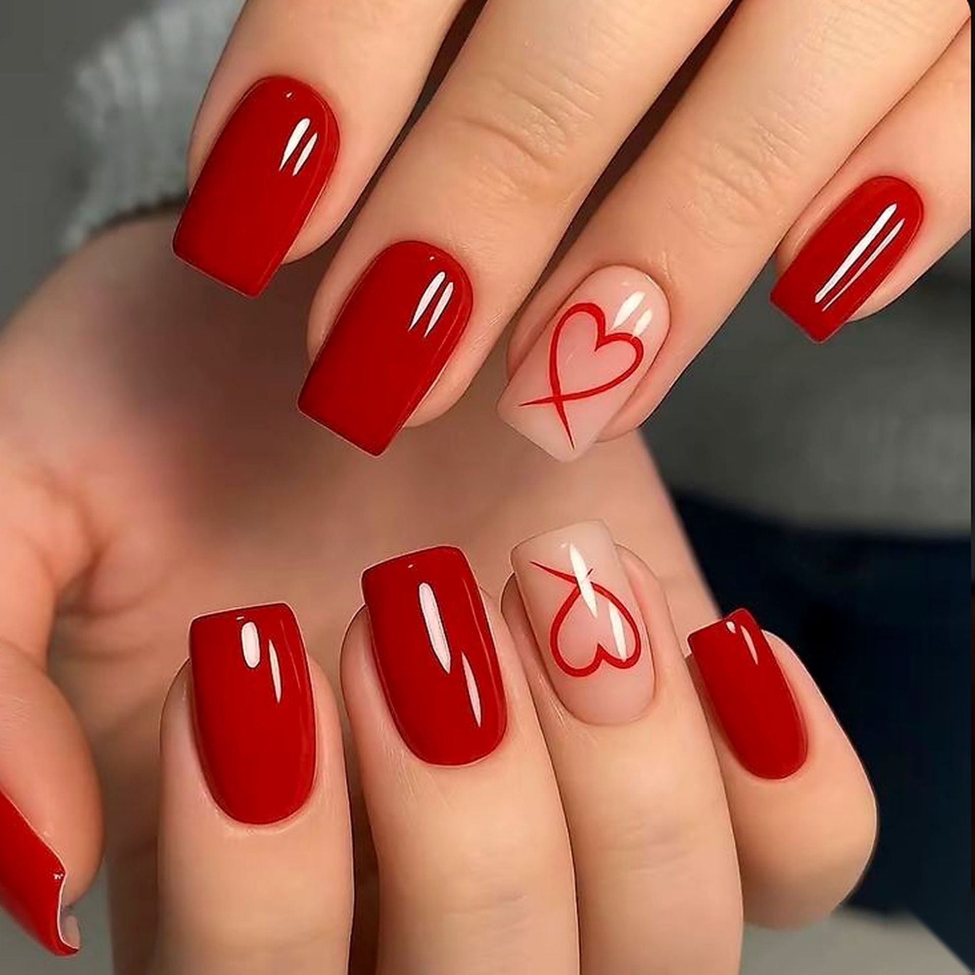 Nail Art Valentines Day - 24Pcs Short Square Glossy Valentine’s Day