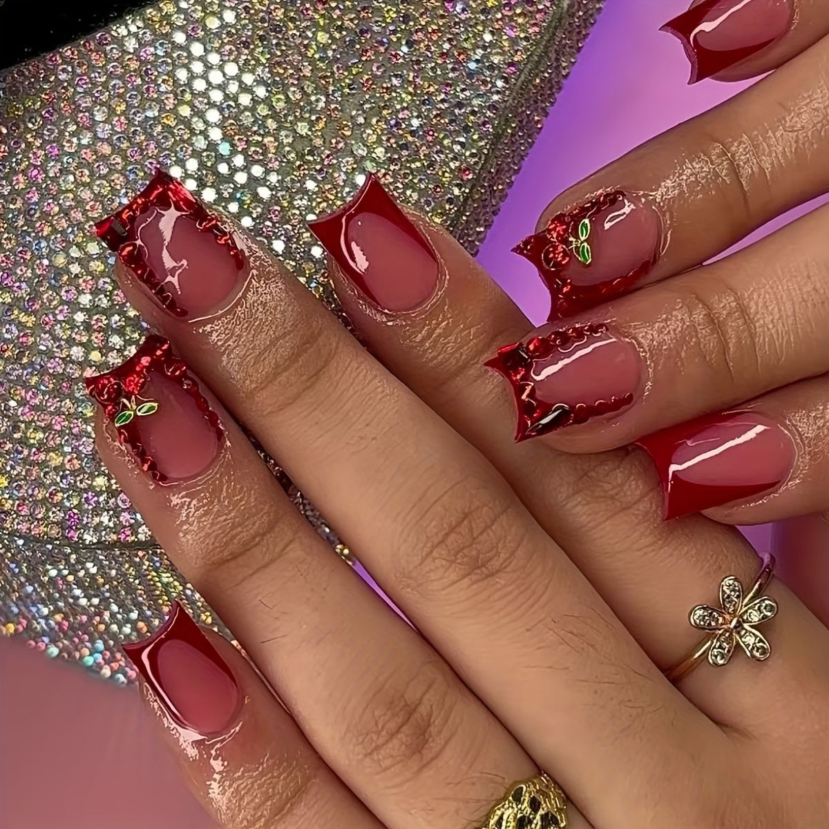 Nail Art Red Cherry - 24pcs Finished Fake Nails French Red
