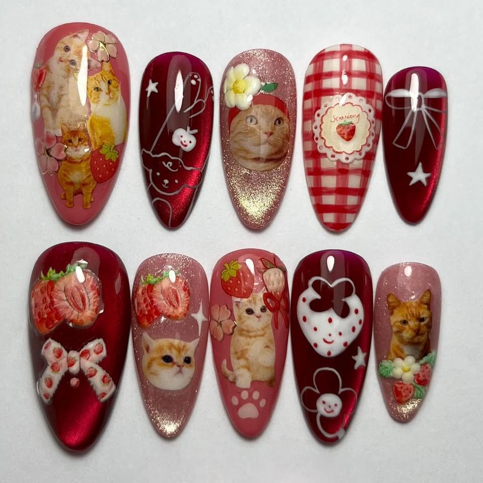 24pcs Strawberry Cat's Eye Pre - огляд і ціна Nail Art Y2K